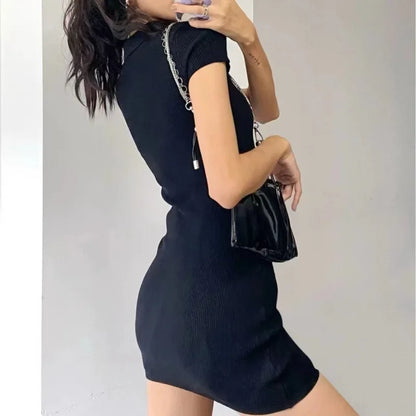 Breathable Polo Neck Knit Dress with Hollow Out Panels for Beachwear
