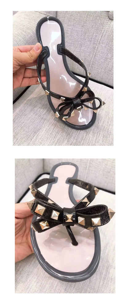 Studded Flat Bot Thong Slippers Holiday Beach Sandals Women's Jelly Slip-On oes Comfortable Casual PVC Footwear