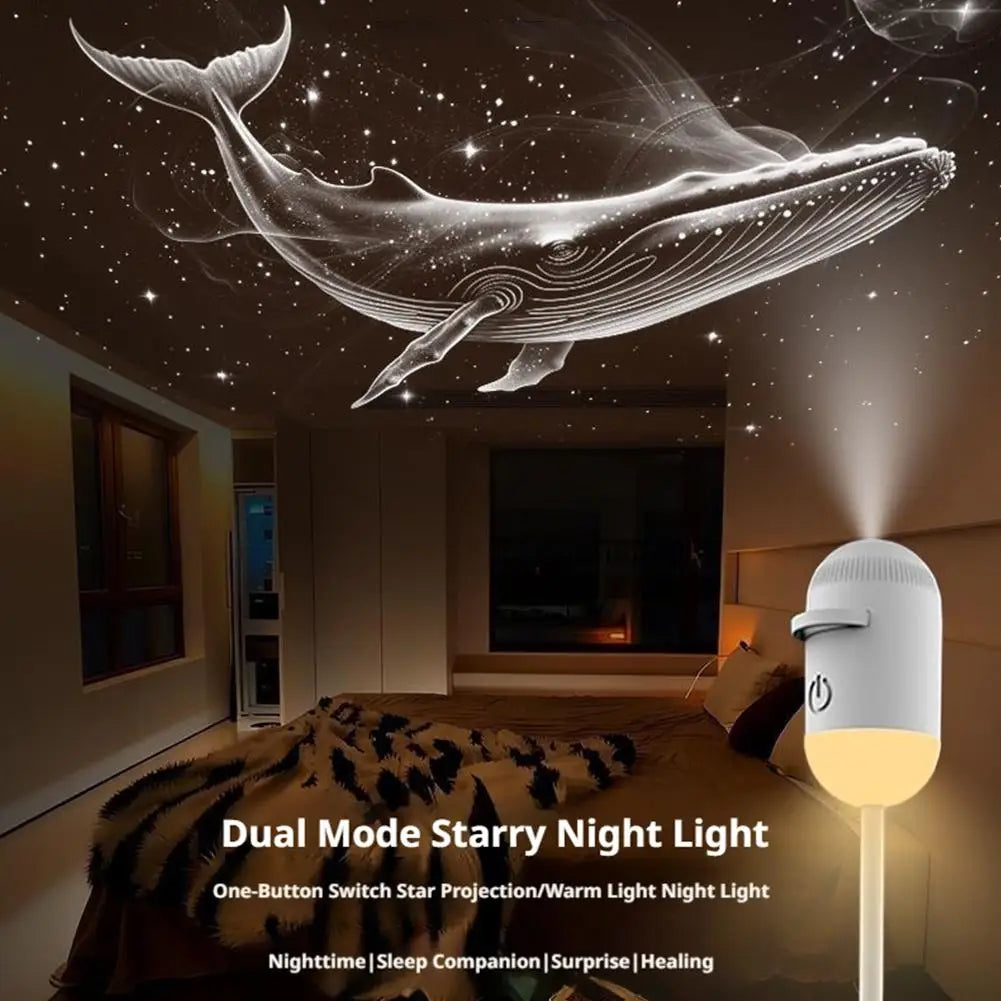 White gooseneck LED projector with adjustable focus casting a whale and star pattern for bedroom ambiance.