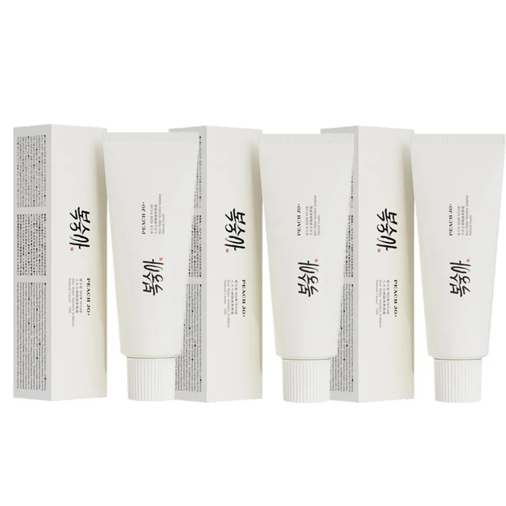 Three white SPF50+ rice extract moisturizing cream tubes with matching boxes, featuring black text and red stamps.