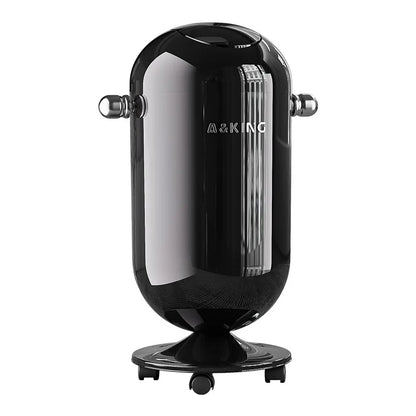 Glossy black capsule-shaped trash can with side handles, text "A&KING", on a wheeled base.