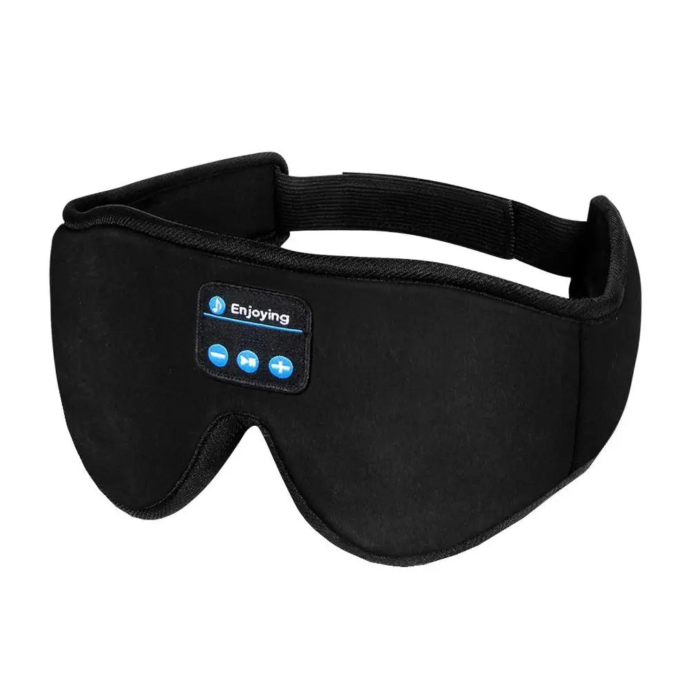 Black soft fabric Bluetooth sleep mask with 3D contoured eye cups and control panel on the front.