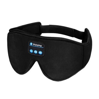 Black soft fabric Bluetooth sleep mask with 3D contoured eye cups and control panel on the front.