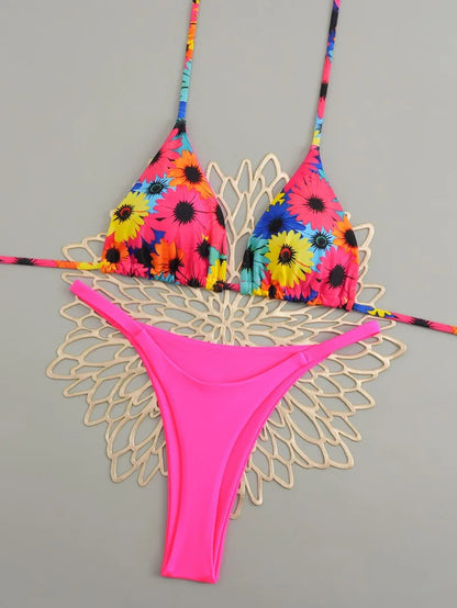 Women's Triangle Lace-Up Bikini Set with Adjustable Straps and Thong Bottom