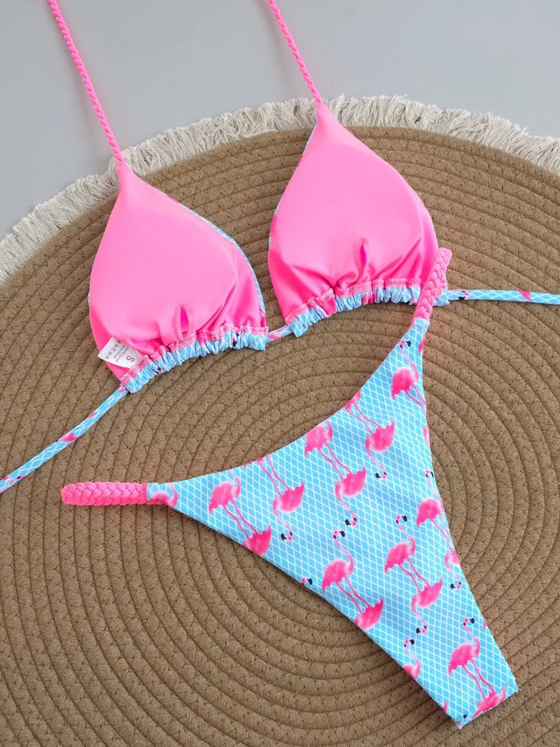 Women's Triangle Lace-Up Bikini Set with Adjustable Straps and Thong Bottom