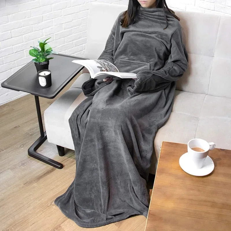 Adult wearable blanket with sleeves and a large pocket