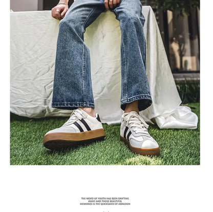 White canvas sneakers with black stripes and brown rubber soles, breathable casual training shoes for daily wear.