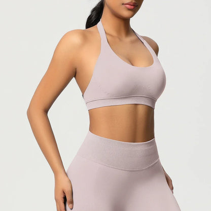 Women’s Seamless Halter Backless Push-Up Sports Bra Cotton-Poly For Gym Running