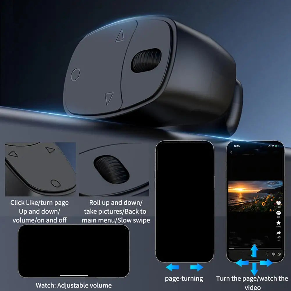 Bluetooth Ring Remote Control One Click Selfie Page Turning Roller Fingertip Controller for Phone Liking Scrolling Hands Free