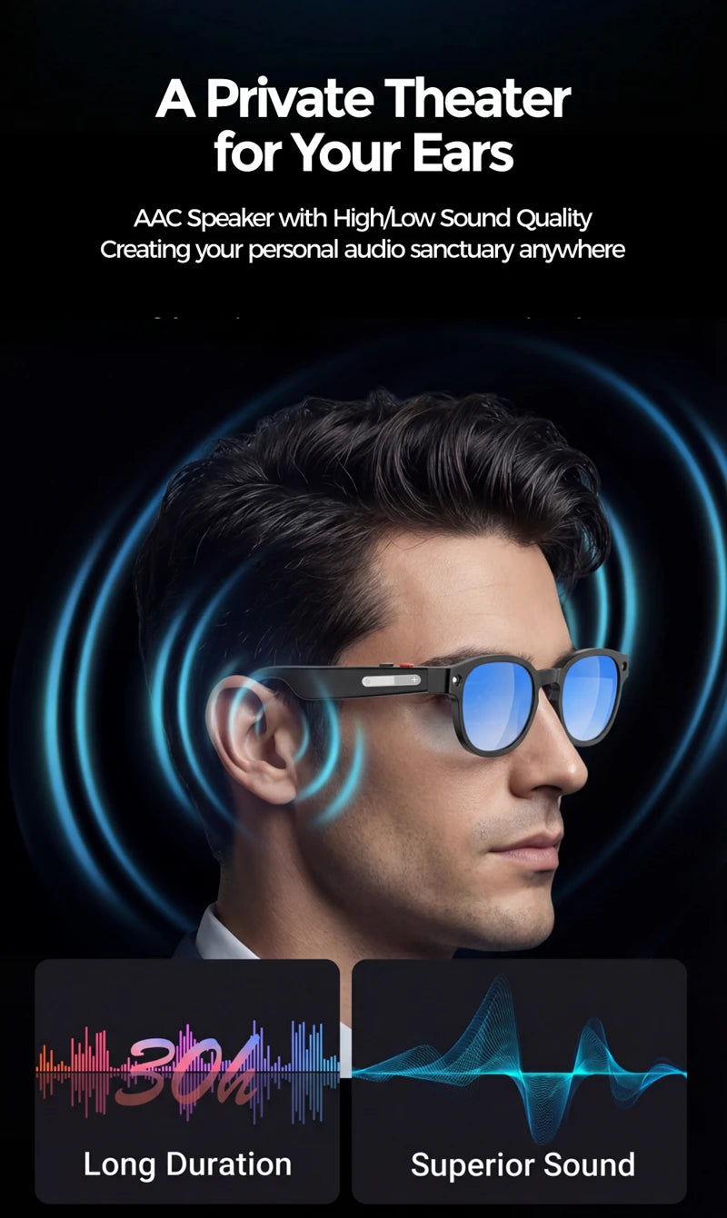 Black lightweight smart wearable glasses with blue lenses and built-in speakers for hands-free audio.