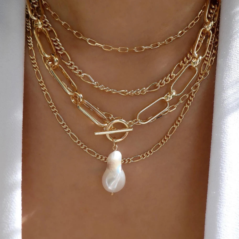 necklace layered pendant set with pearl charm and chain links