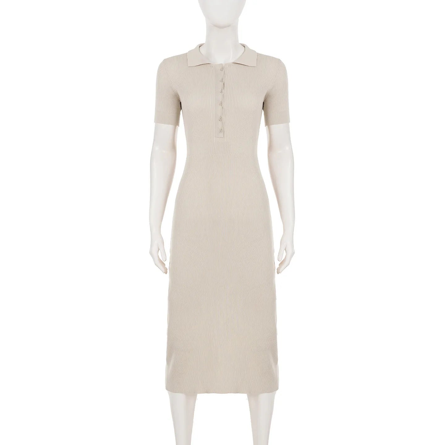 Lightweight Maxi Dress with Hollow Out Knit Polo Neck and Button Front