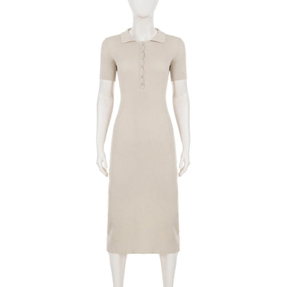 Lightweight Maxi Dress with Hollow Out Knit Polo Neck and Button Front