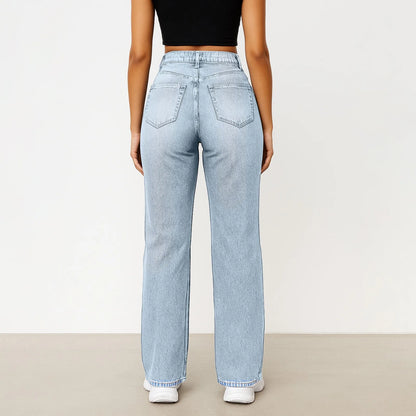 Soft Light Blue Wide Leg Jeans High Waist With Front Pockets Stretch