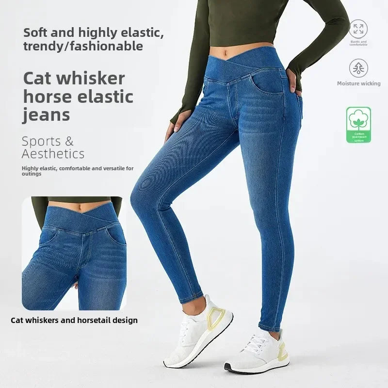 Cross Waist Yoga Jeans High Waist Skinny Ankle Length With Pockets