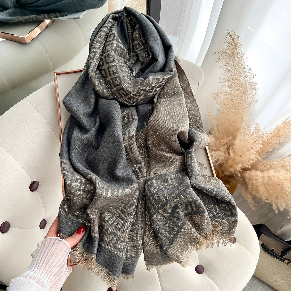 Sun-Protective Hijab Scarf with Golden Thread Accents for Styling
