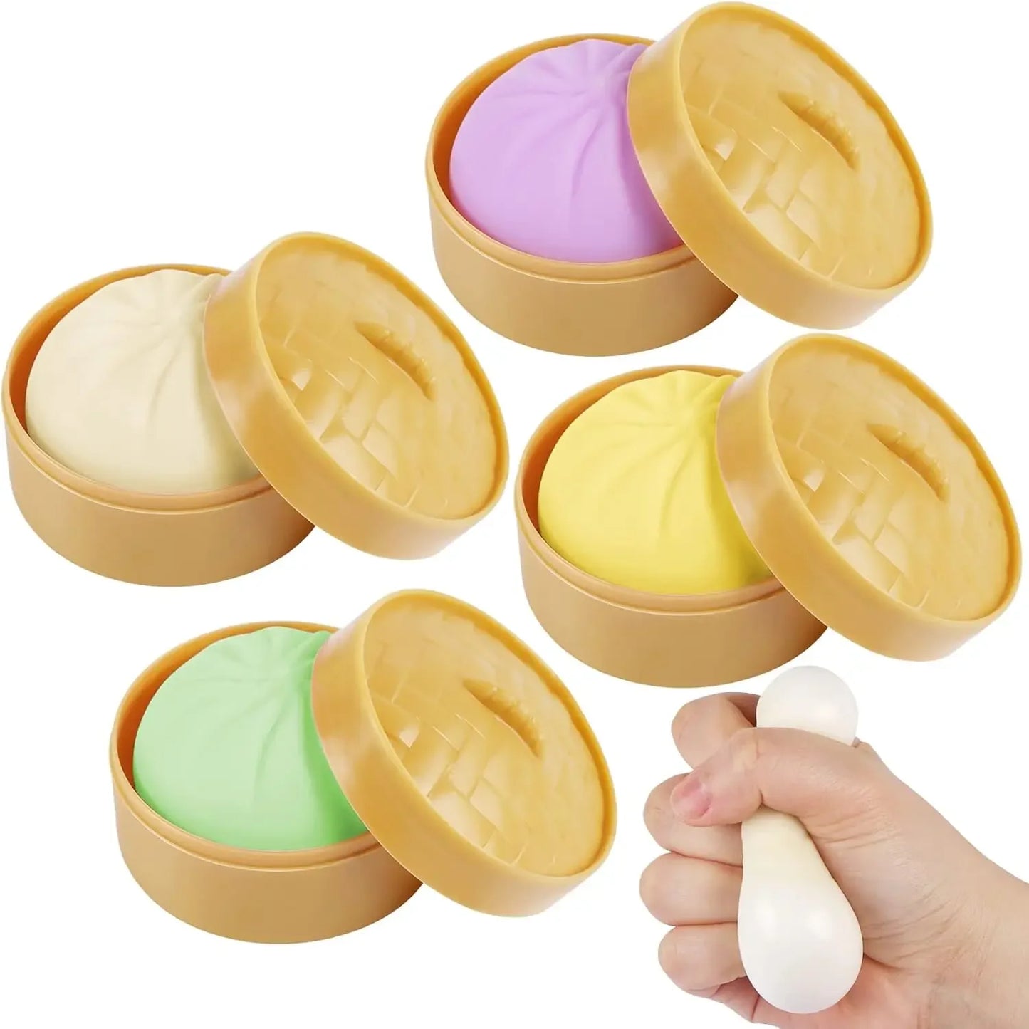 Colorful silicone dumplings in textured bamboo-style steamers, a squeezeable squishy fidget toy for sensory relief.
