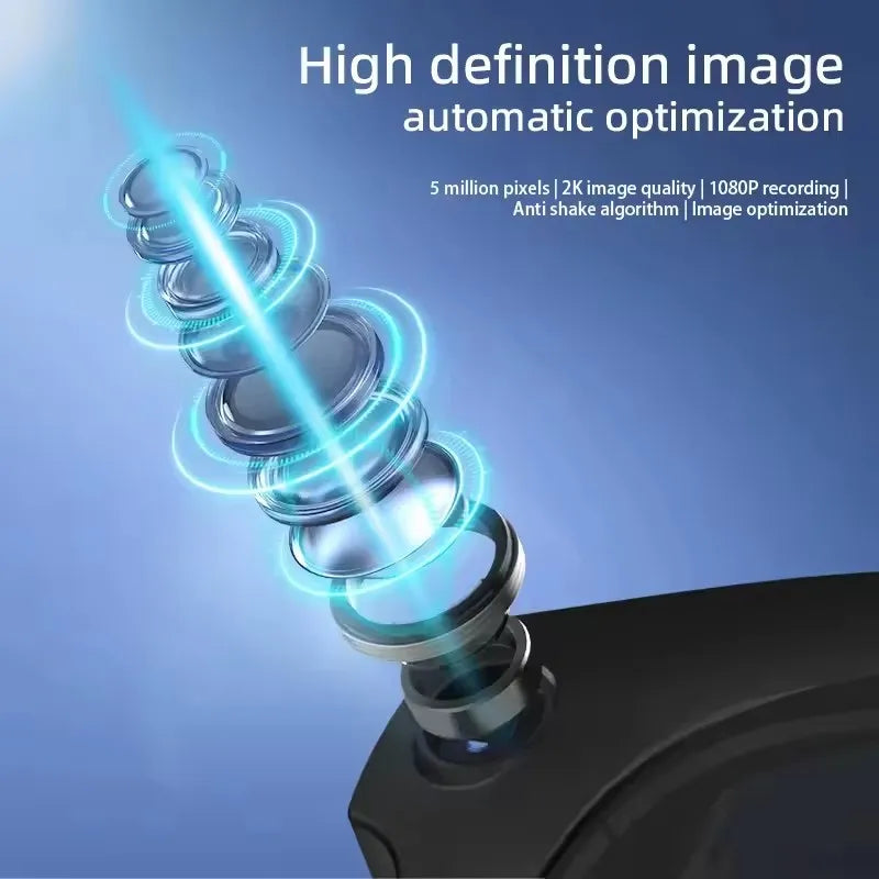 Black camera lens stack with glowing blue light, part of a smart wearable for high-resolution video recording.
