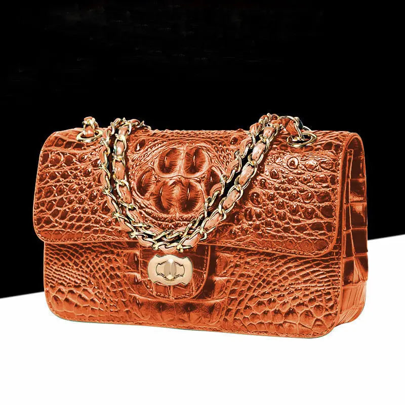 Textured Leather Crossbody Bag With Crocodile Pattern And Durable Build And Everyday Chain Strap