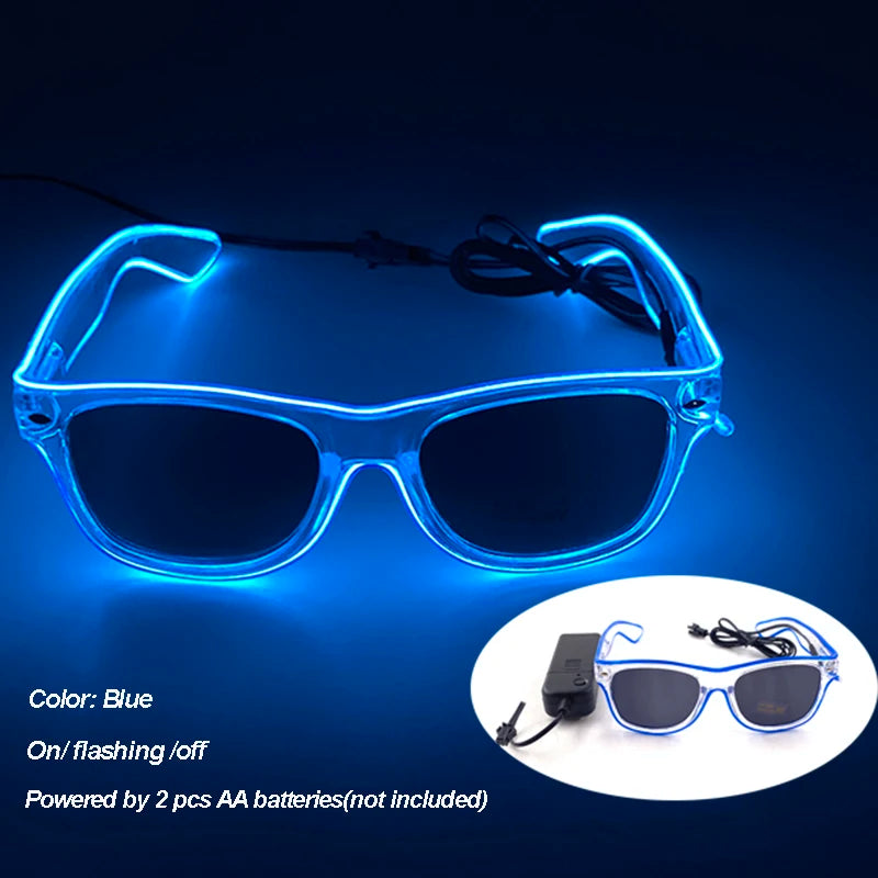 LED festival glasses novelty item with light up glowing frames and battery pack attachment