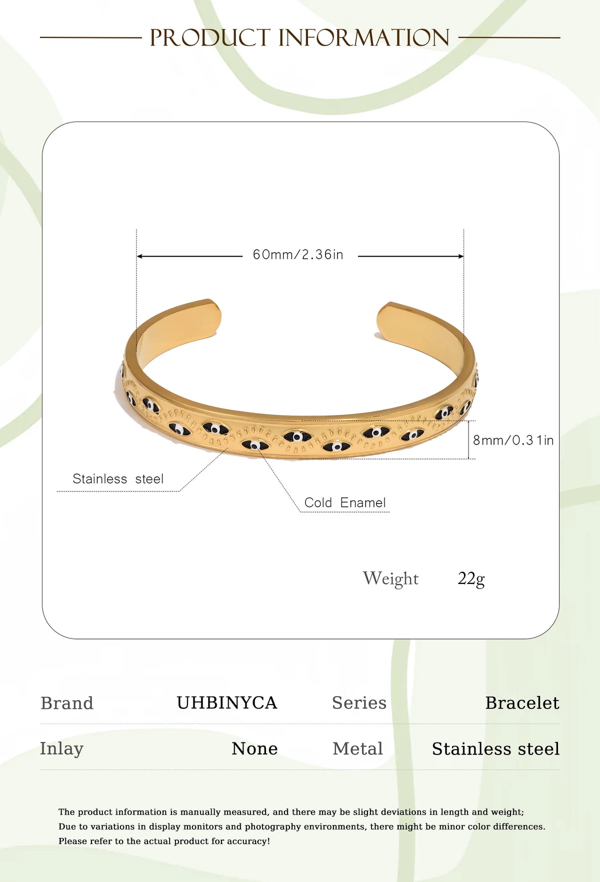 Women’s stainless steel cuff bracelet with an evil eye motif