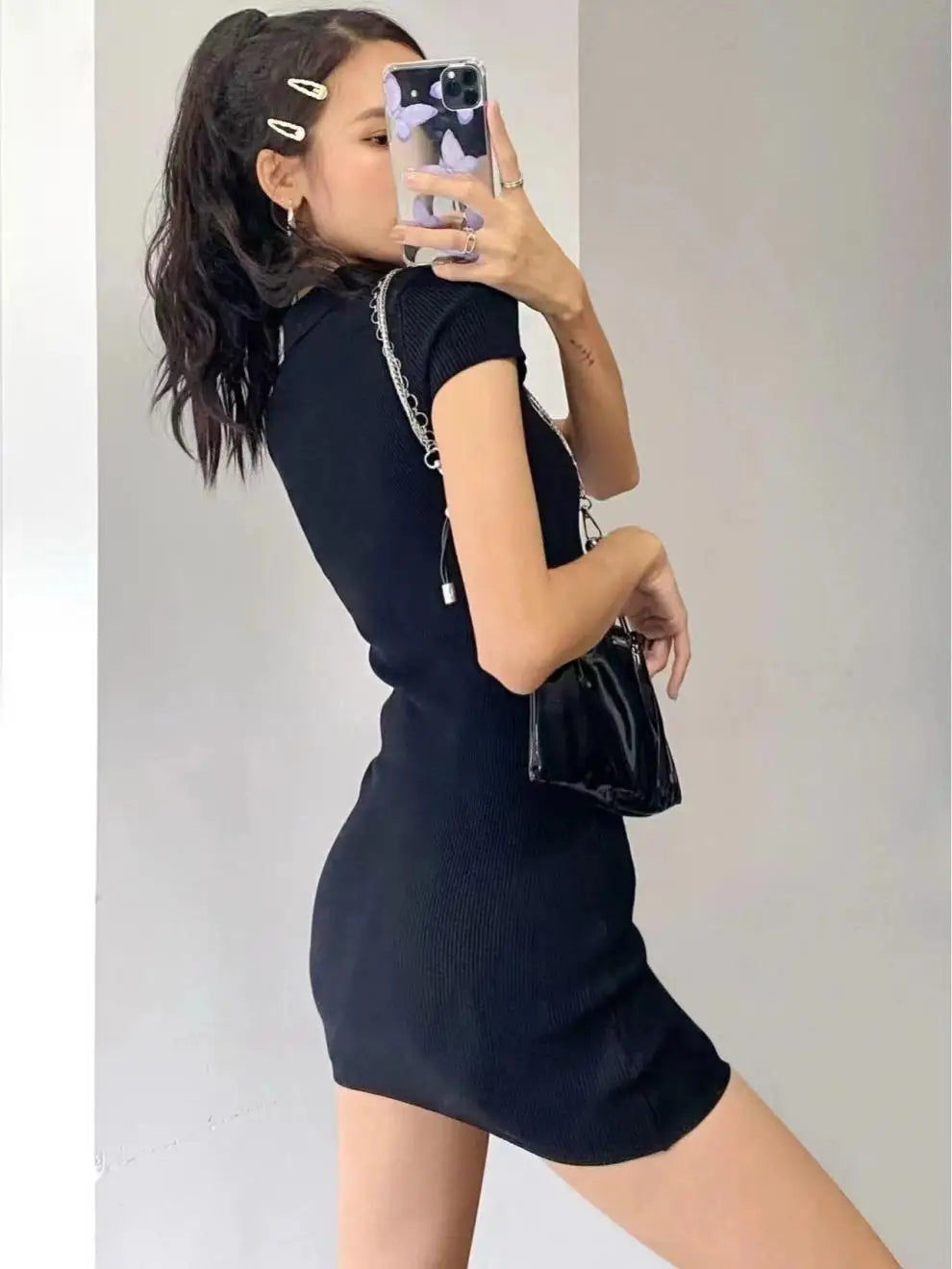 Breathable Polo Neck Knit Dress with Hollow Out Panels for Beachwear