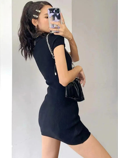 Breathable Polo Neck Knit Dress with Hollow Out Panels for Beachwear