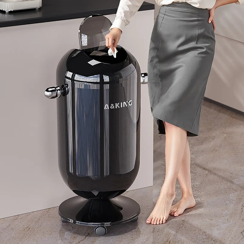 Retro capsule trash can with chrome handles and wheels