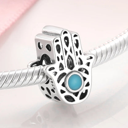 925 Silver Blue Enamel Fatima Hand Charm - DIY Jewelry Beads for Charm Bracelets