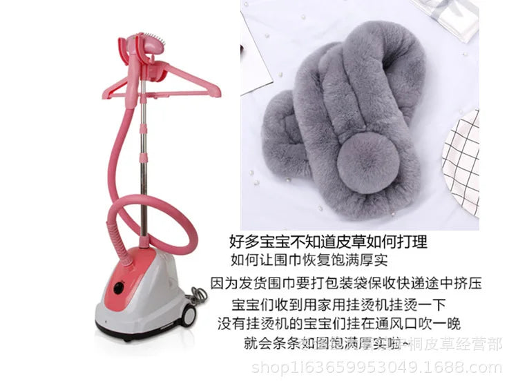 Grey fur triple-tube winter scarf with pom pom and a pink garment steamer.