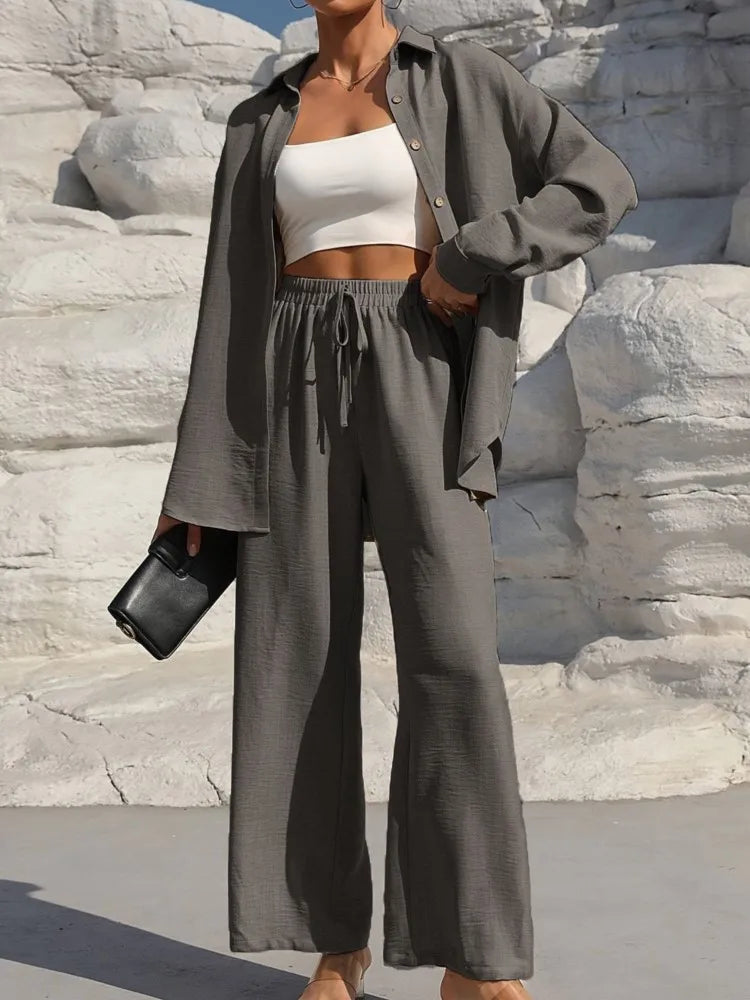 Fashion Solid Set For Women Casual Long Sleeve Turn-down Collar Shirt Tops+High Waist Wide Leg Pants 2 Pieces Sets Lady Clothes