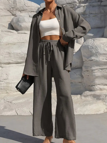 Fashion Solid Set For Women Casual Long Sleeve Turn-down Collar Shirt Tops+High Waist Wide Leg Pants 2 Pieces Sets Lady Clothes