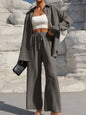 Fashion Solid Set For Women Casual Long Sleeve Turn-down Collar Shirt Tops+High Waist Wide Leg Pants 2 Pieces Sets Lady Clothes