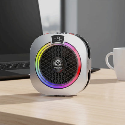 Silver mobile phone cooler with LED ring, digital temperature display, and high-power fan for gaming.