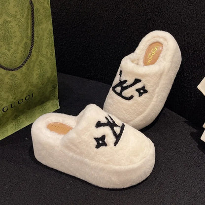 Warm Slippers for Women Indoor Non Slip Plush Traction Rubber Sole With Wedge Heel