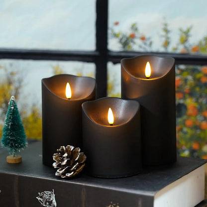 Black Flameless LED Paraffin 3D Wick Pillar Candle Remote Timer