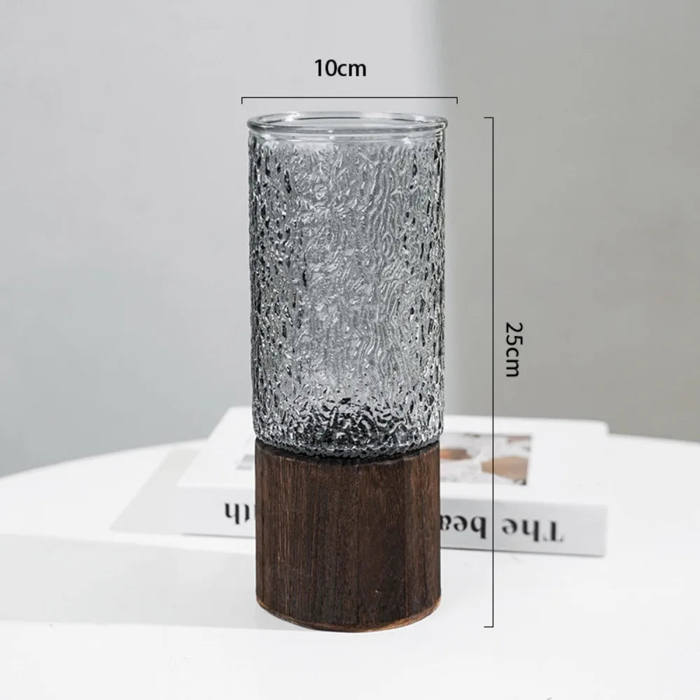 Crystal Glass Vase With Solid Wood Base In Modern Style With Slim Profile For Centerpiece Display