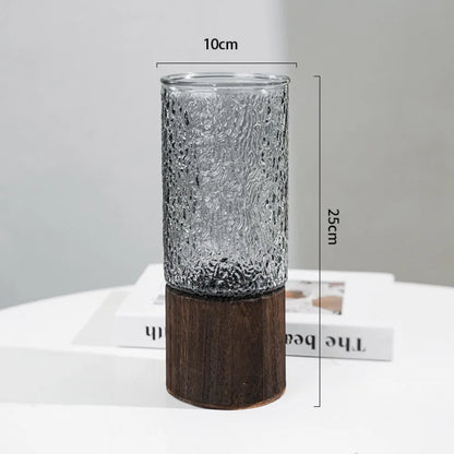 Crystal Glass Vase With Solid Wood Base In Modern Style With Slim Profile For Centerpiece Display
