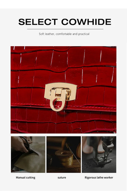 Red crocodile-pattern cowhide leather handbag with gold-toned metal clasp, and detail panels showing crafting steps.