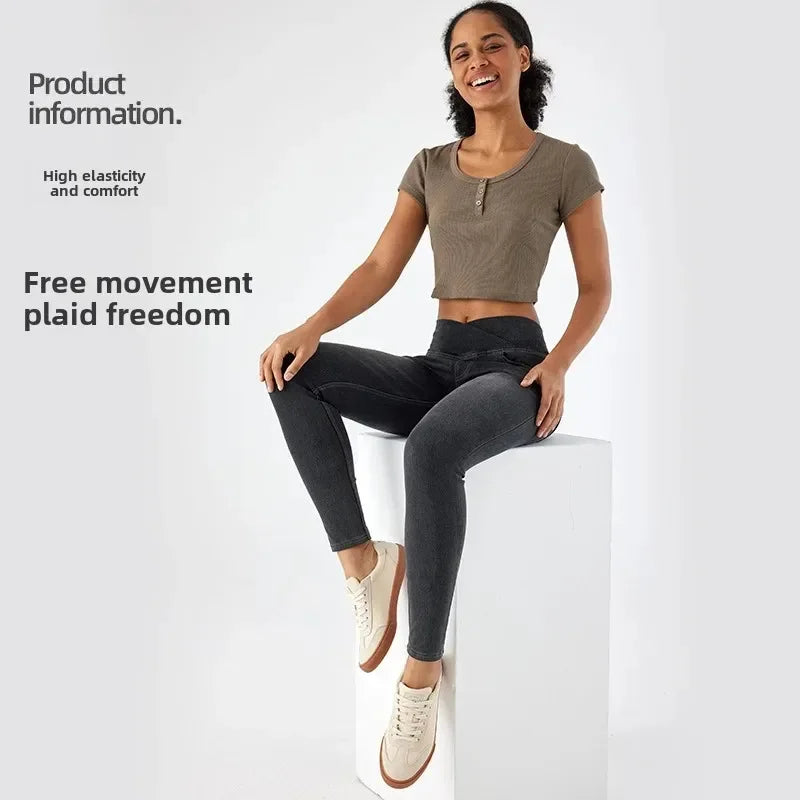 Cross Waist Yoga Jeans High Waist Skinny Ankle Length With Pockets