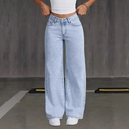 Stretchy Denim Wide Leg Pants with Pockets and Subtle Distressing for Everyday Ease