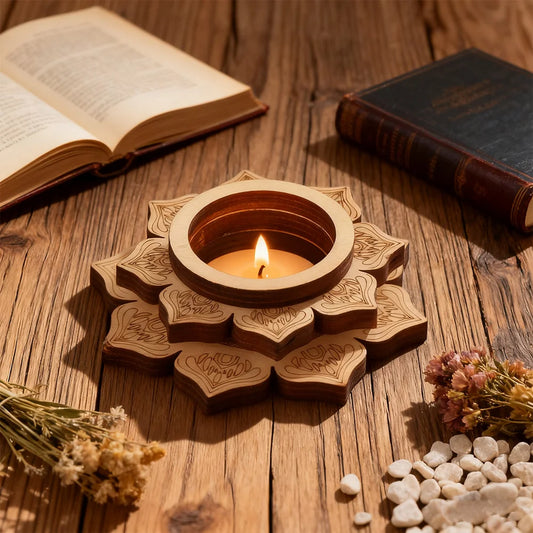 Wooden Lotus Zen Candle Holder and Aroma Diffuser Base with Crystal Display