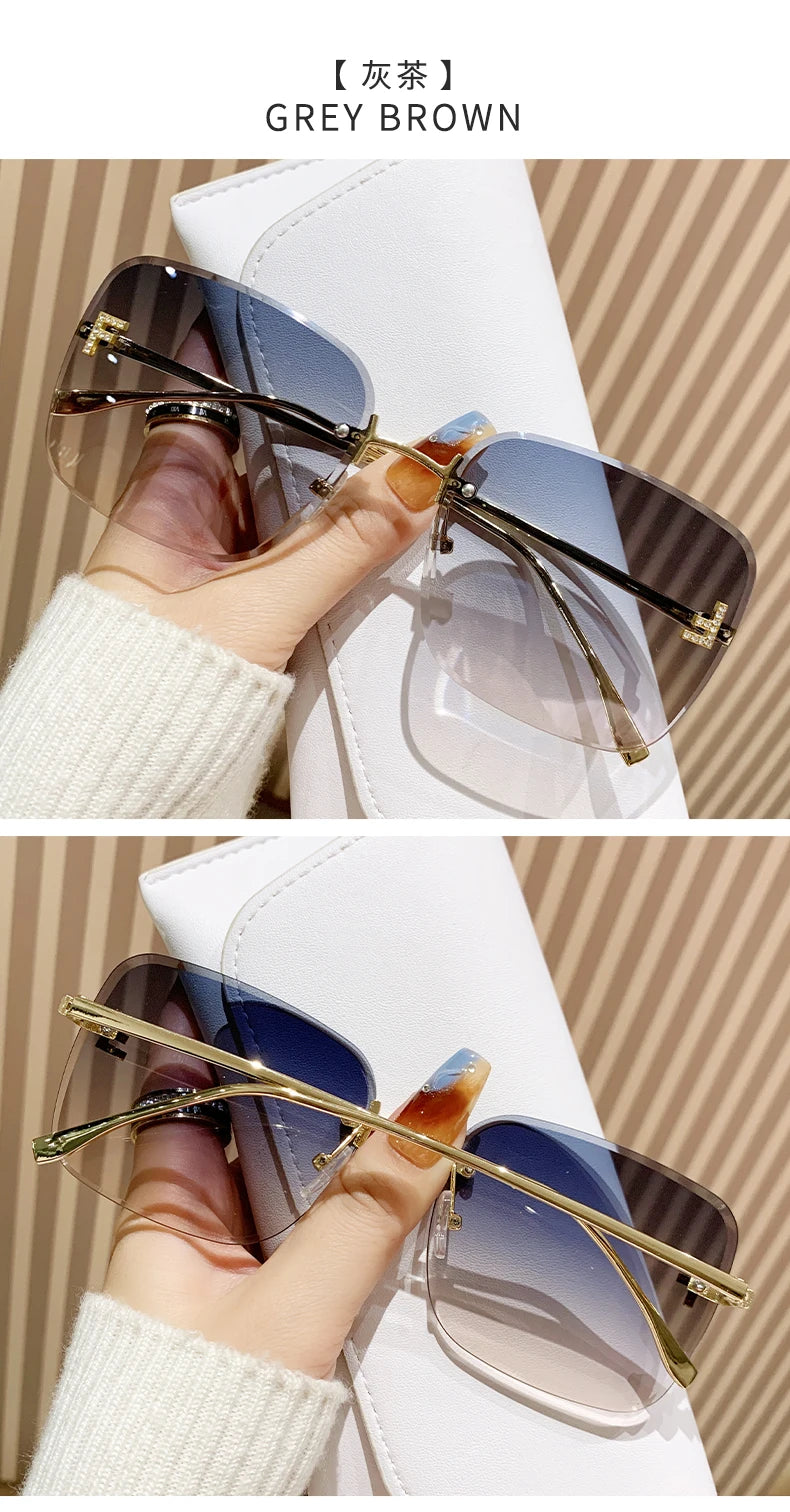 Featherlight Rimless Sunglasses Large Square Frame with Diamond Accent