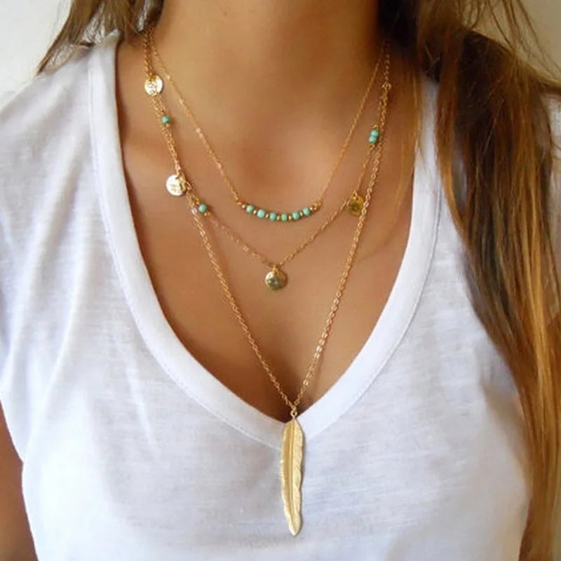 Gold-colored multilayer necklace with turquoise beads, small coin charms, and a feather pendant.