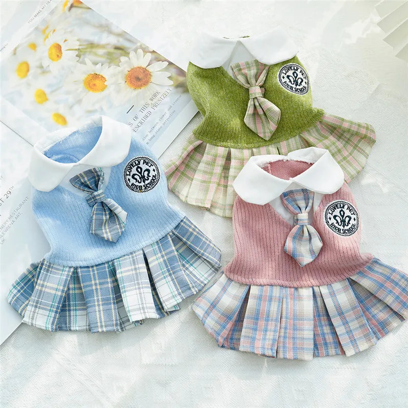 Knitted dog dress with a plaid skirt for everyday outings