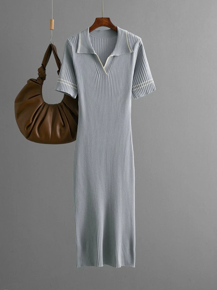 Polo-Neck Dress Knee-Length Office to Casual Wear Breathable