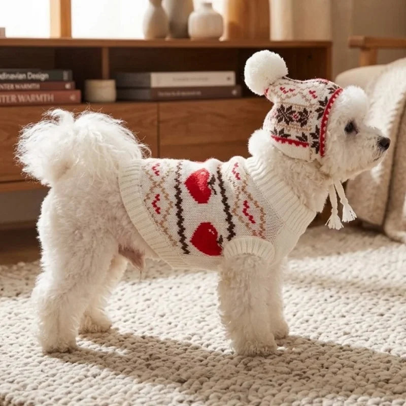 Retro-print dog sweater with optional matching hat set