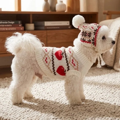 Retro-print dog sweater with optional matching hat set