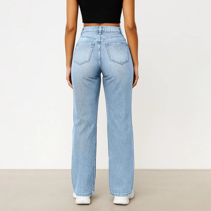 Soft Light Blue Wide Leg Jeans High Waist With Front Pockets Stretch