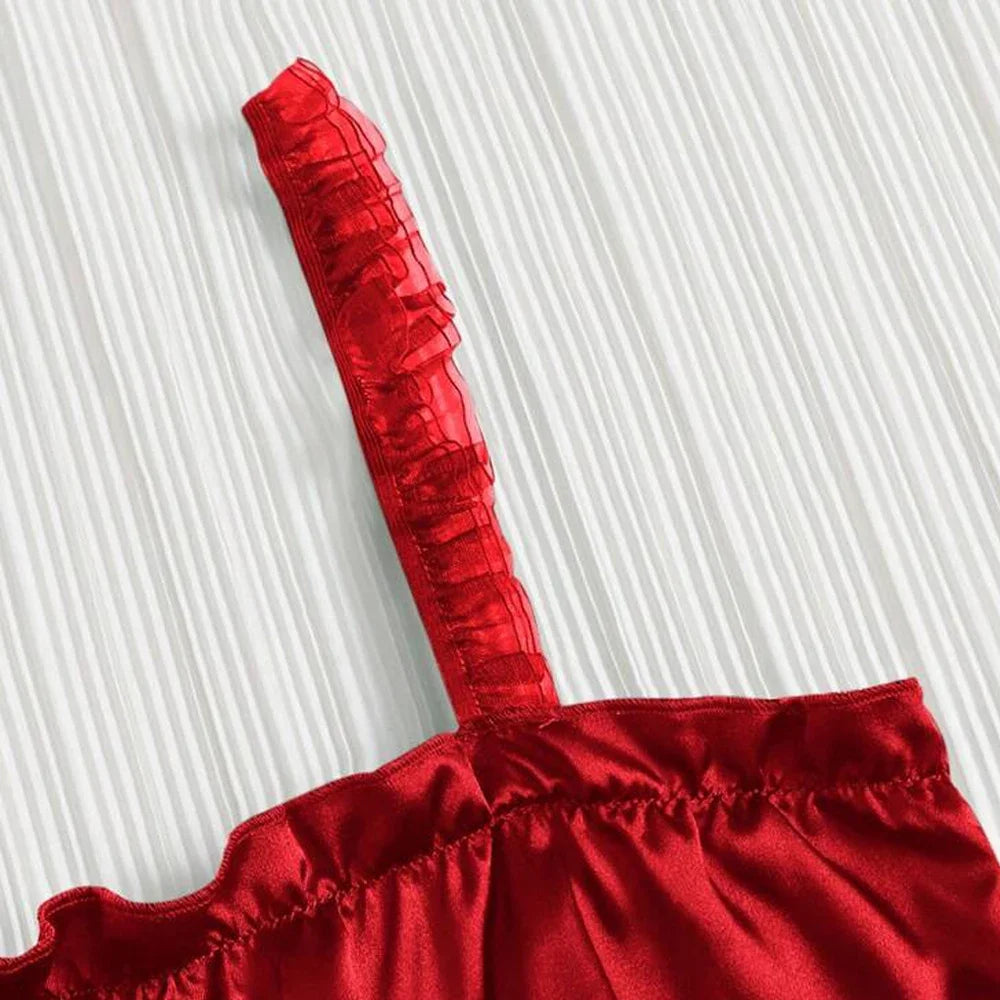 Three-Piece Satin Silk Sleepwear For Women Bride Red Breathable Lounge